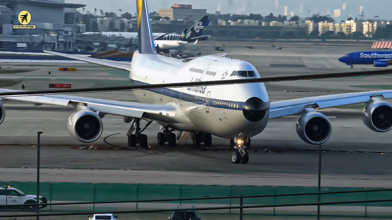 1280x720 LUFTHANSA (RETRO LIVERY) BOEING 747 8 TAKEOFF FROM LOS ANGELES INT AIRPORT
