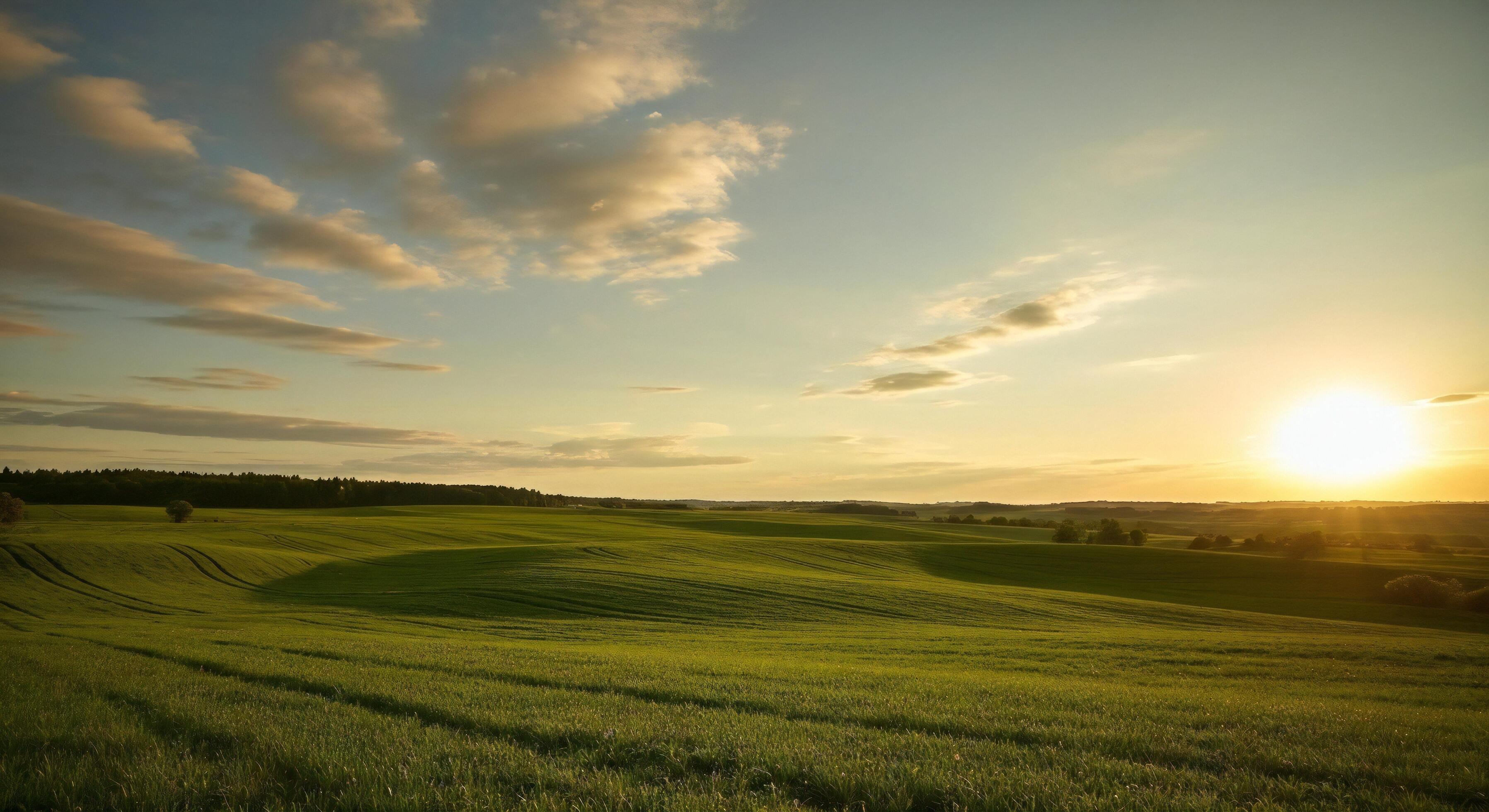 3593x1960 Nature background, Nature wallpaper, Vast green rolling fields with soft clouds and the sun setting behind distant hills