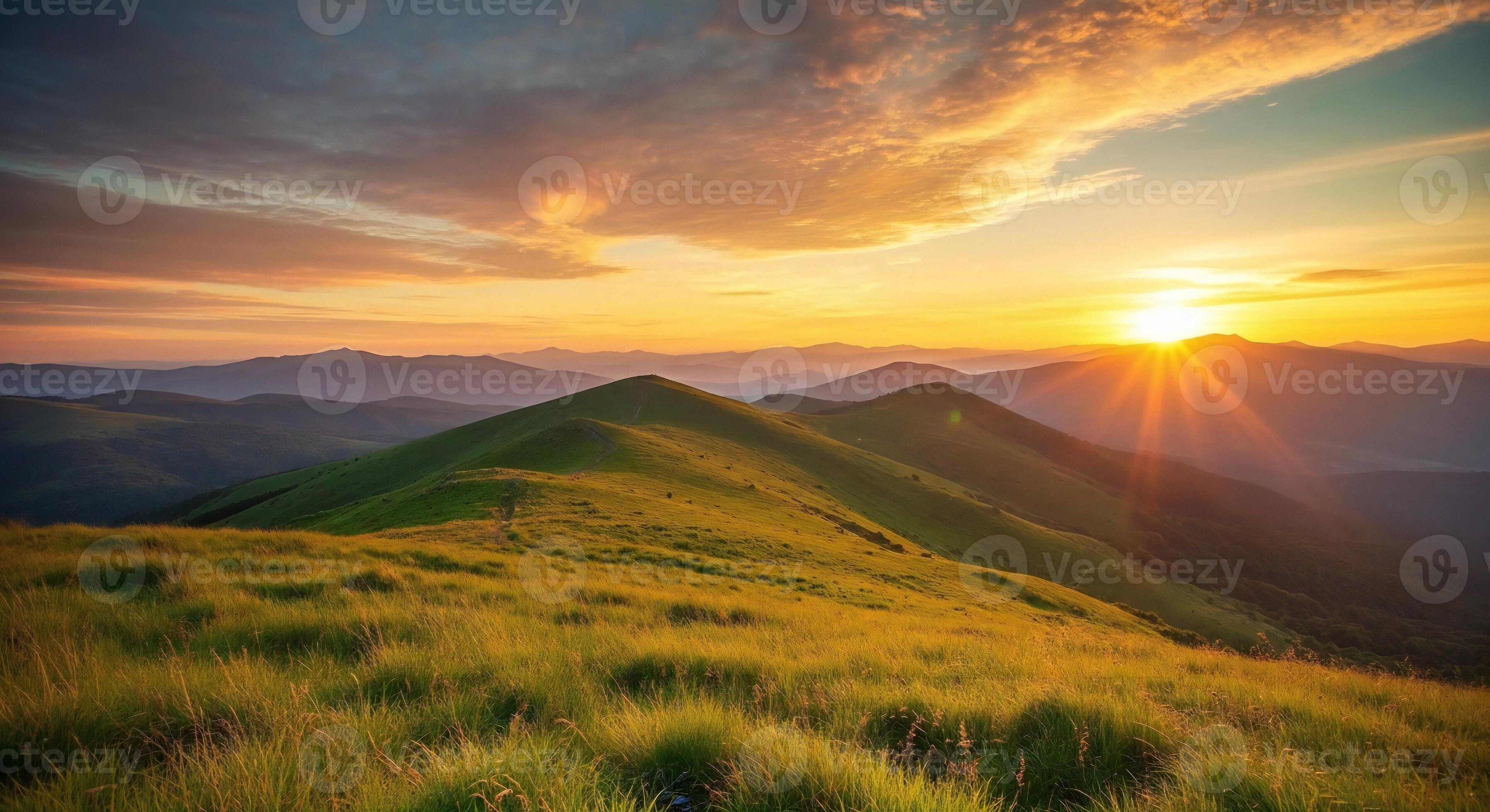 3593x1960 Nature background, Nature wallpaper, Rolling green grass covered mountain range under a vibrant sunset sky with sun rays