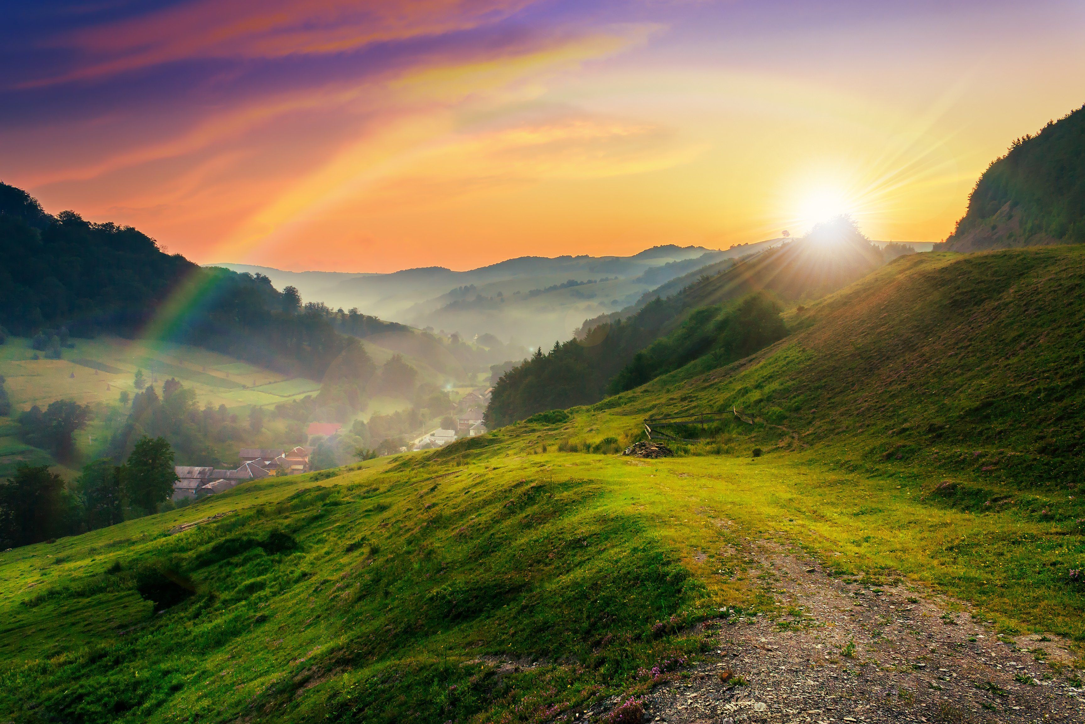 3456x2305 mountains, Trees, Meadow, Sun, Rays, Nature, Mountains, Trees, Lawn, Sun, Nature Wallpaper HD / Desktop and Mobile Background