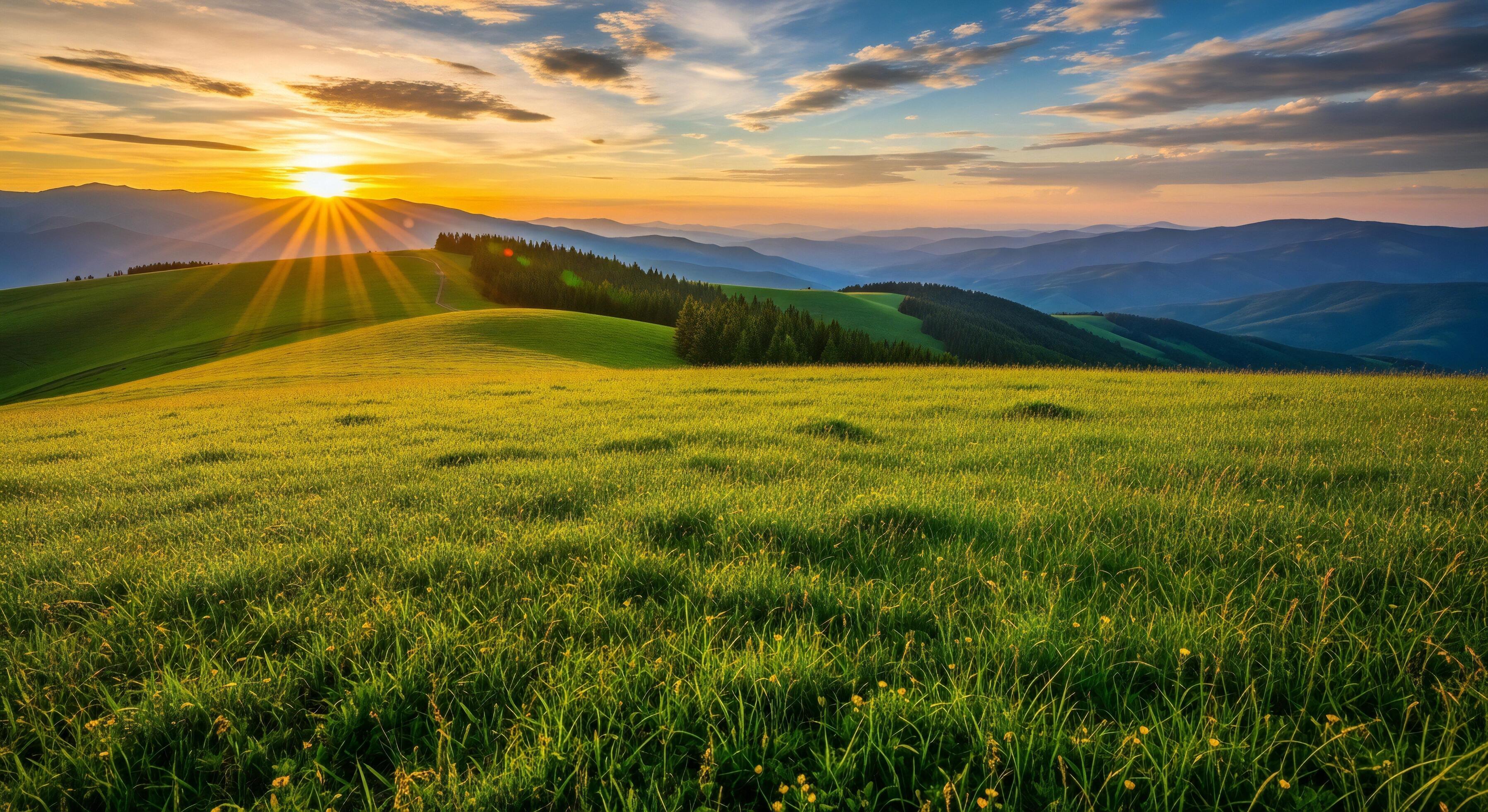 3593x1960 Nature background, Nature wallpaper, Golden sun rays illuminate rolling green hills and distant blue mountains at sunrise