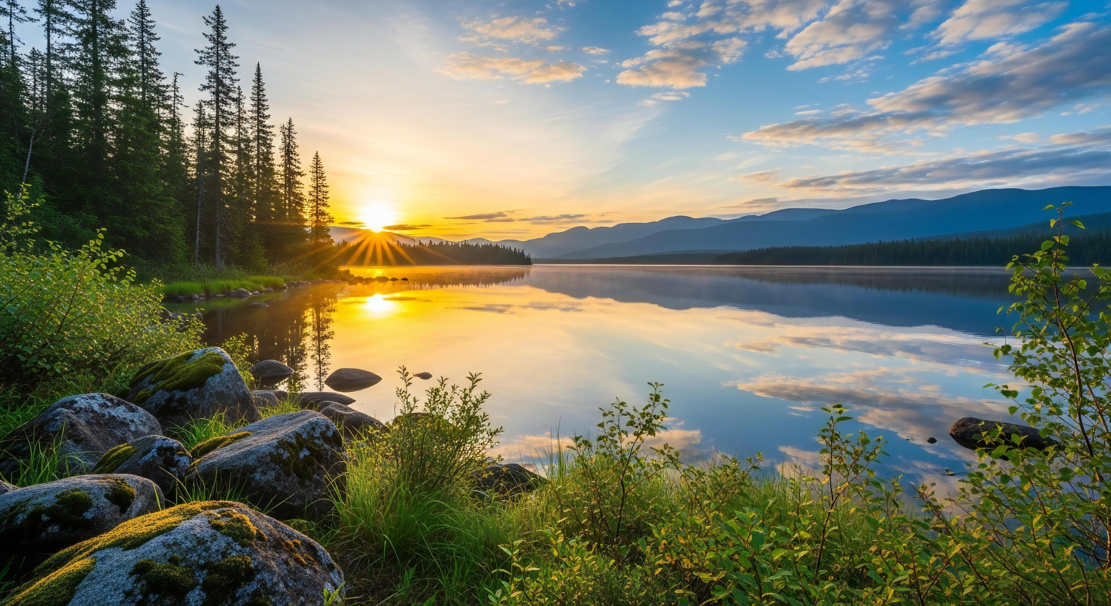 3593x1960 Nature background, Nature wallpaper, Serene lake at sunrise with sunbeams reflecting on still water amidst evergreen trees and distant mountains