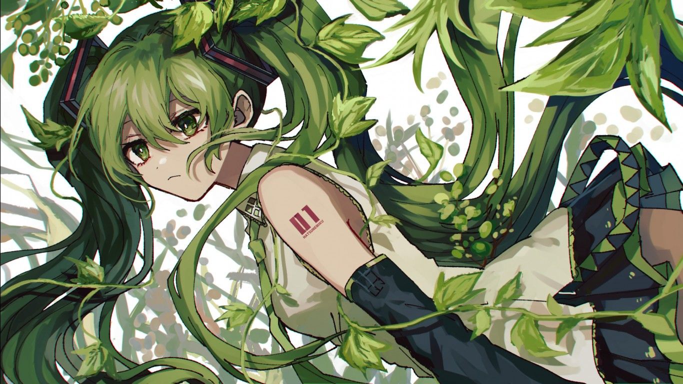 1366x768 Green Eyes Hair Anime Girl Leaves HD Anime Girl Wallpaper