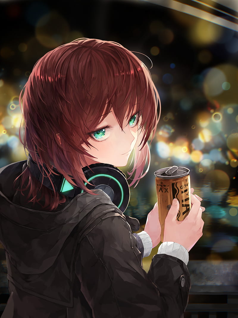 800x1067 Anime, anime girls, original characters, headphones, green eyes, can, redhead, HD phone wallpaper