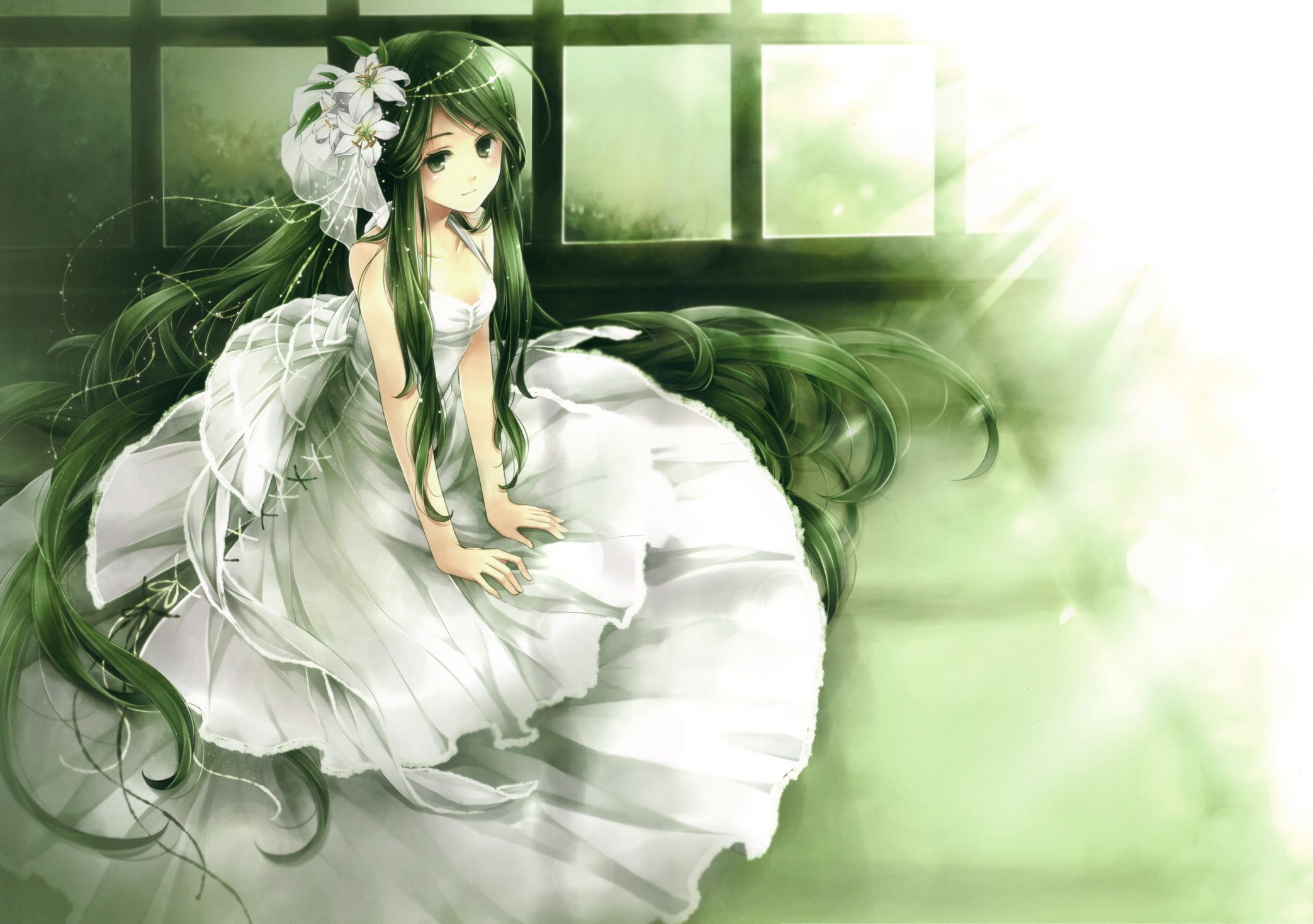 2086x1468 Desktop wallpaper: Girl, Anime, Bride, Dress, Green Eyes, Green Hair, Wedding 4K free download for PC. 187734