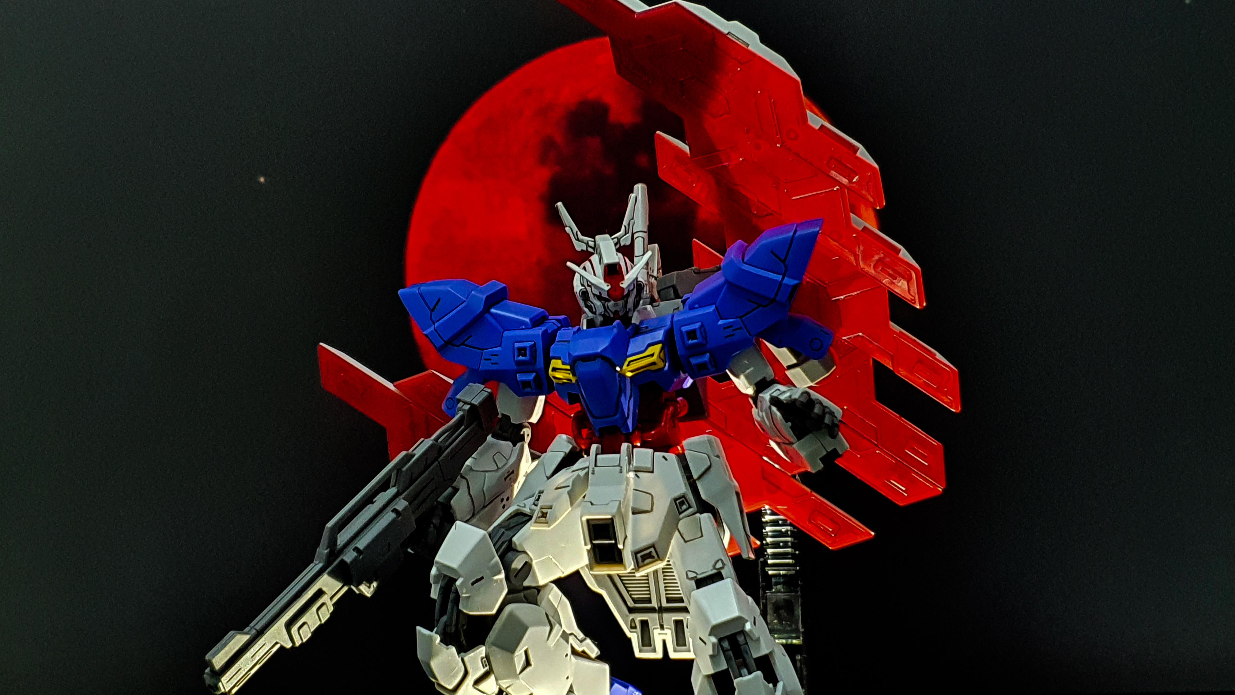 4032x2268 HG Moon Gundam completed! I used a wallpaper and put my tablet with flashlight on underneath to recreate the box art