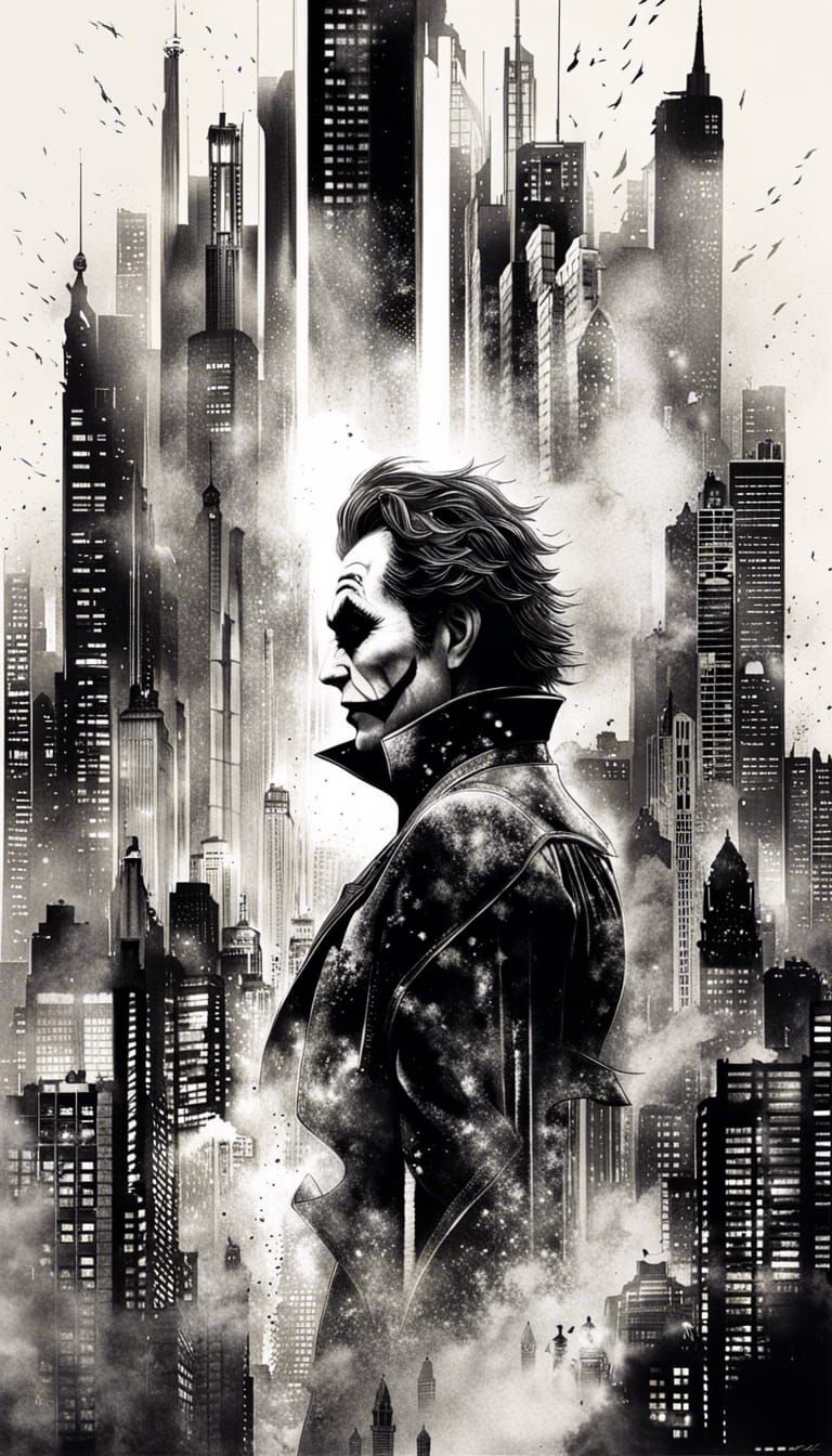 768x1344 The Joker in Gotham: Black and White Ink Drawing