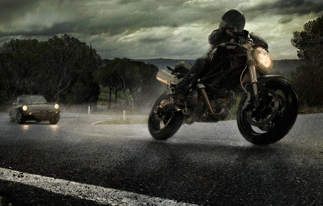 1332x850 Wallpaper road, rain, motorcycle, car, alfa romeo, ducati image
