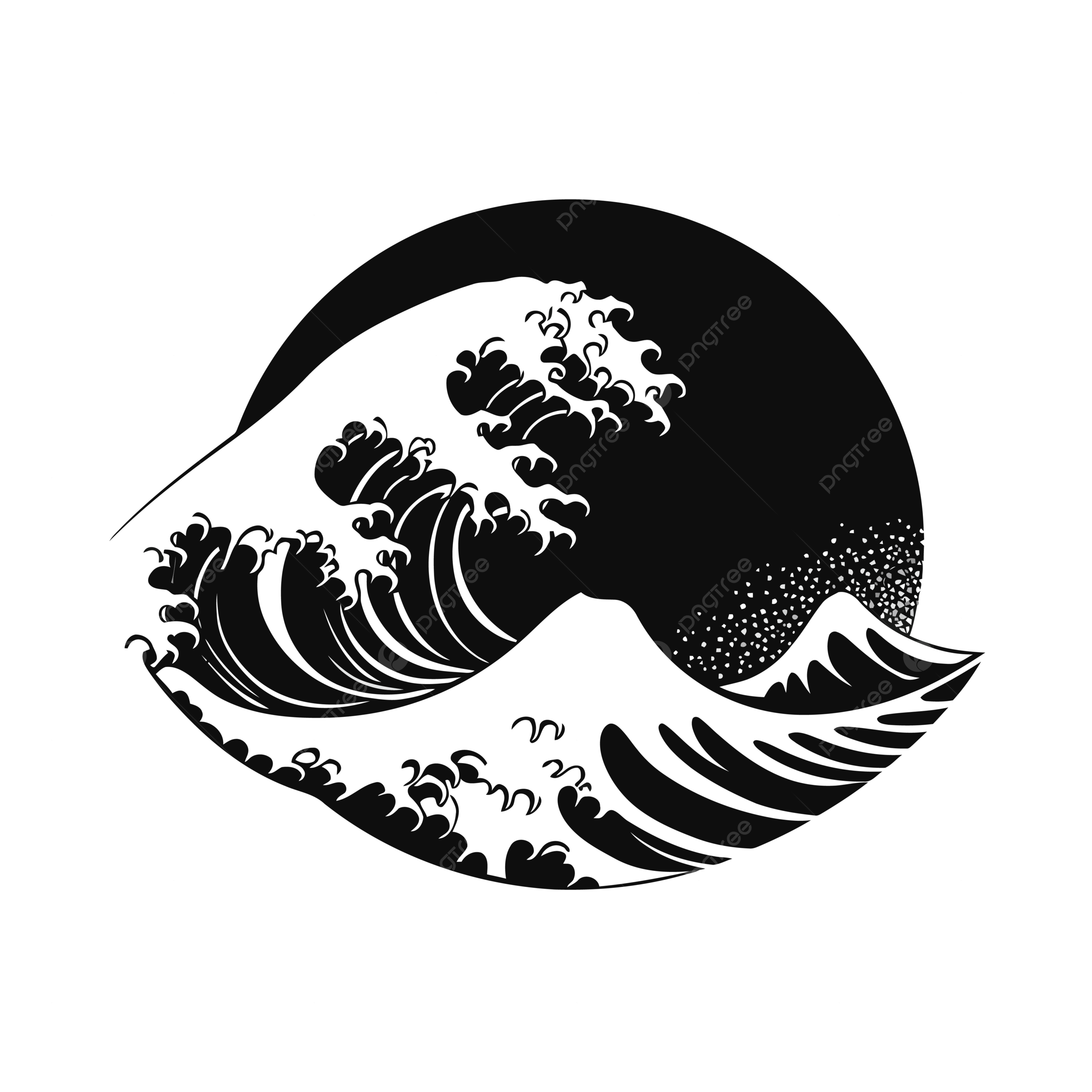 2500x2500 Black And White Illustration Of The Great Wave Off Kanagawa Vector, A Simplistic Black Icon Of Large Wave On A White Background, No Shadows, Small Centered In Frame PNG and Vector with