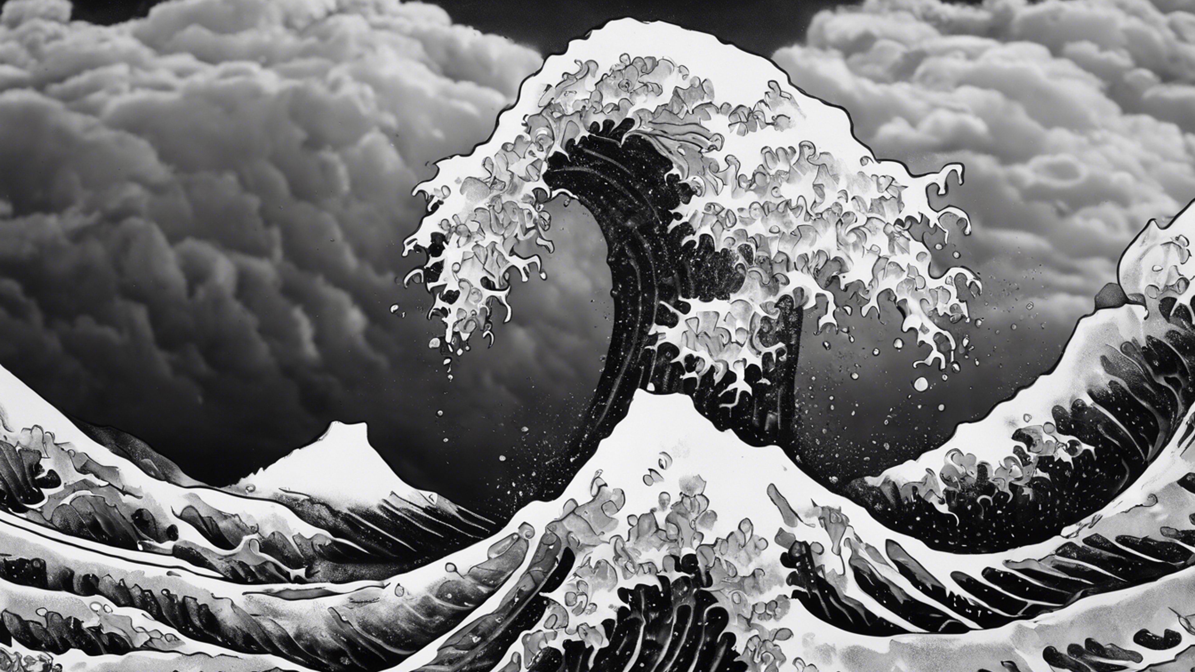 3840x2160 A dramatic black and white painting of a roaring Japanese wave. Wallpaper [abfd4b19dc7740e88d2a]