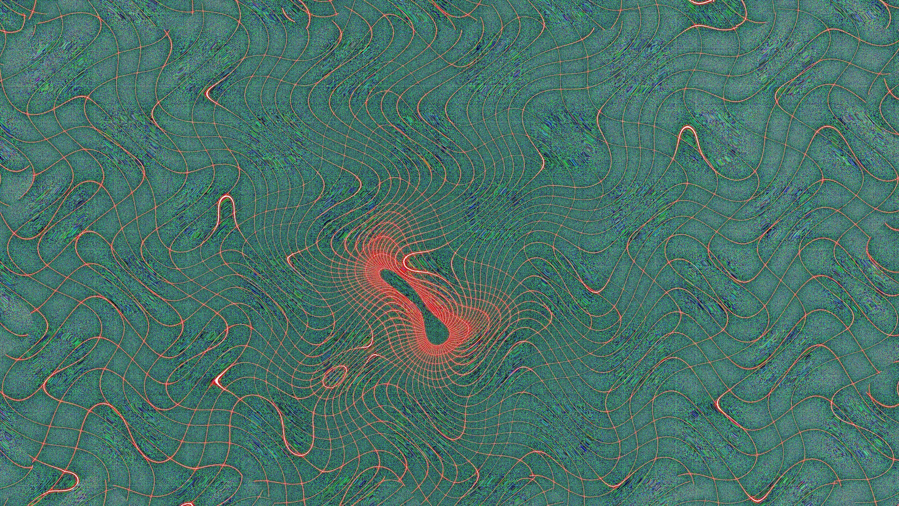 3000x1688 Abstract green background with a central distorted red shape. photo