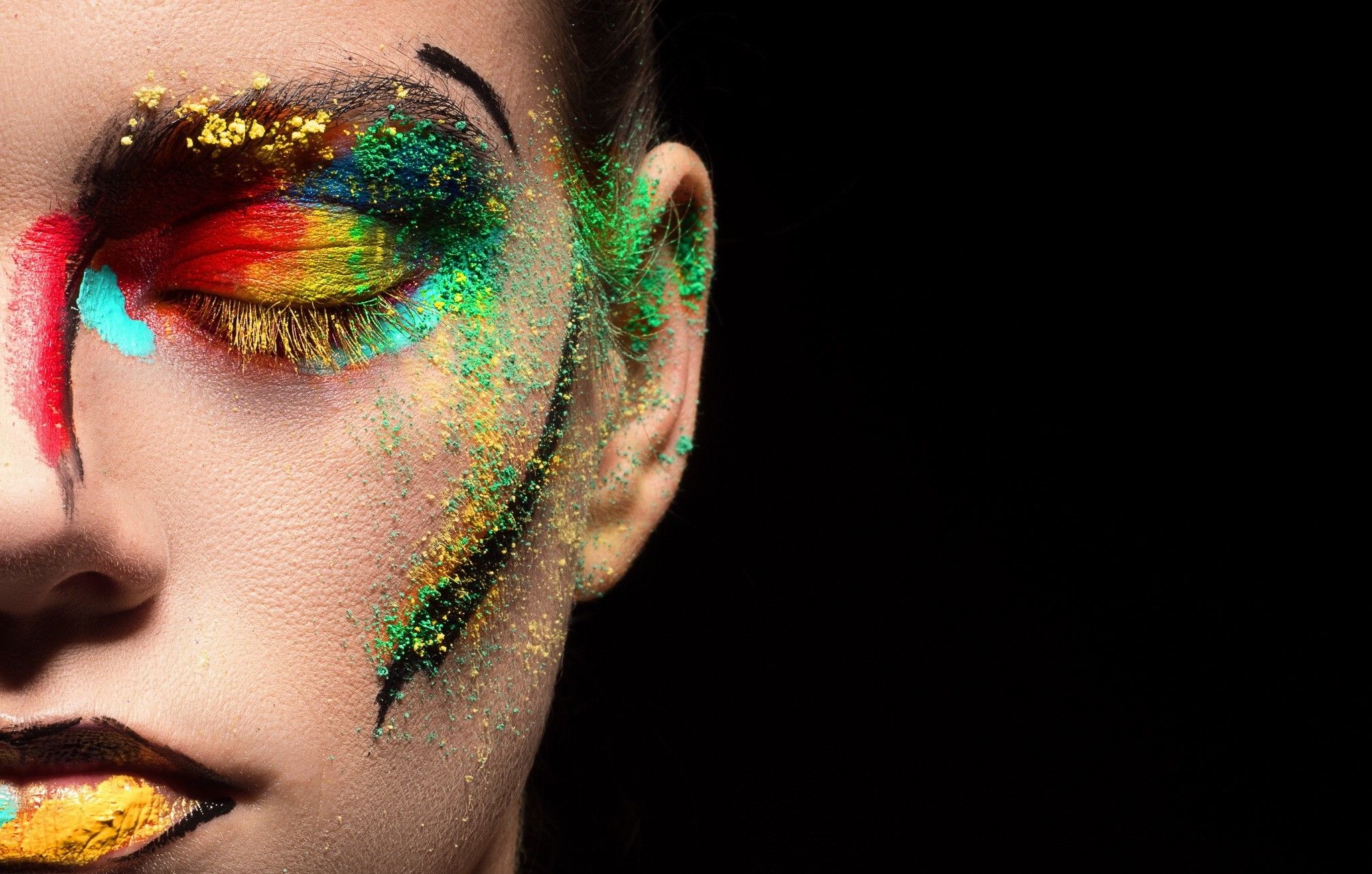 2048x1305 closed Eyes, Face, Women, Model, Lipstick, Makeup, Eyeshadow, Colorful, Portrait, Black Background Wallpaper HD / Desktop and Mobile Background