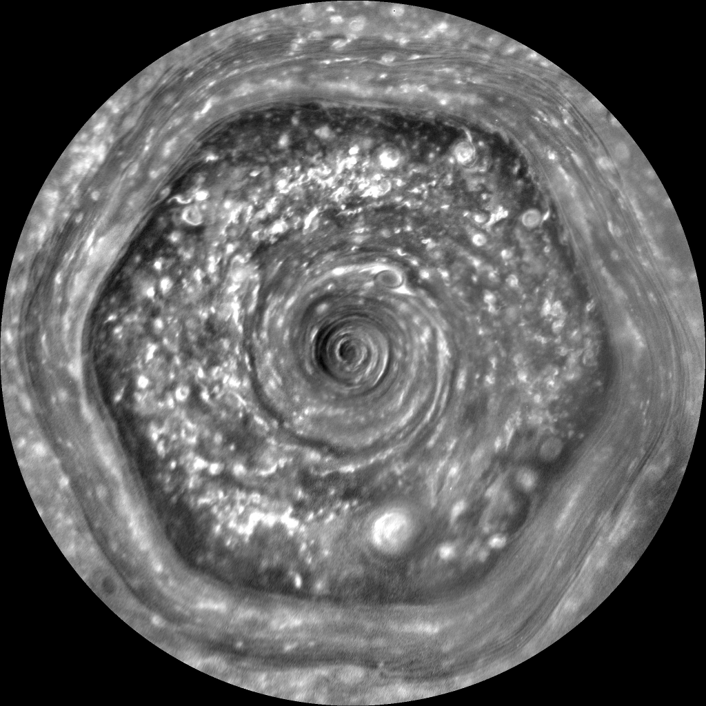 1024x1024 In Full View: Saturn's Streaming Hexagon (black and white)