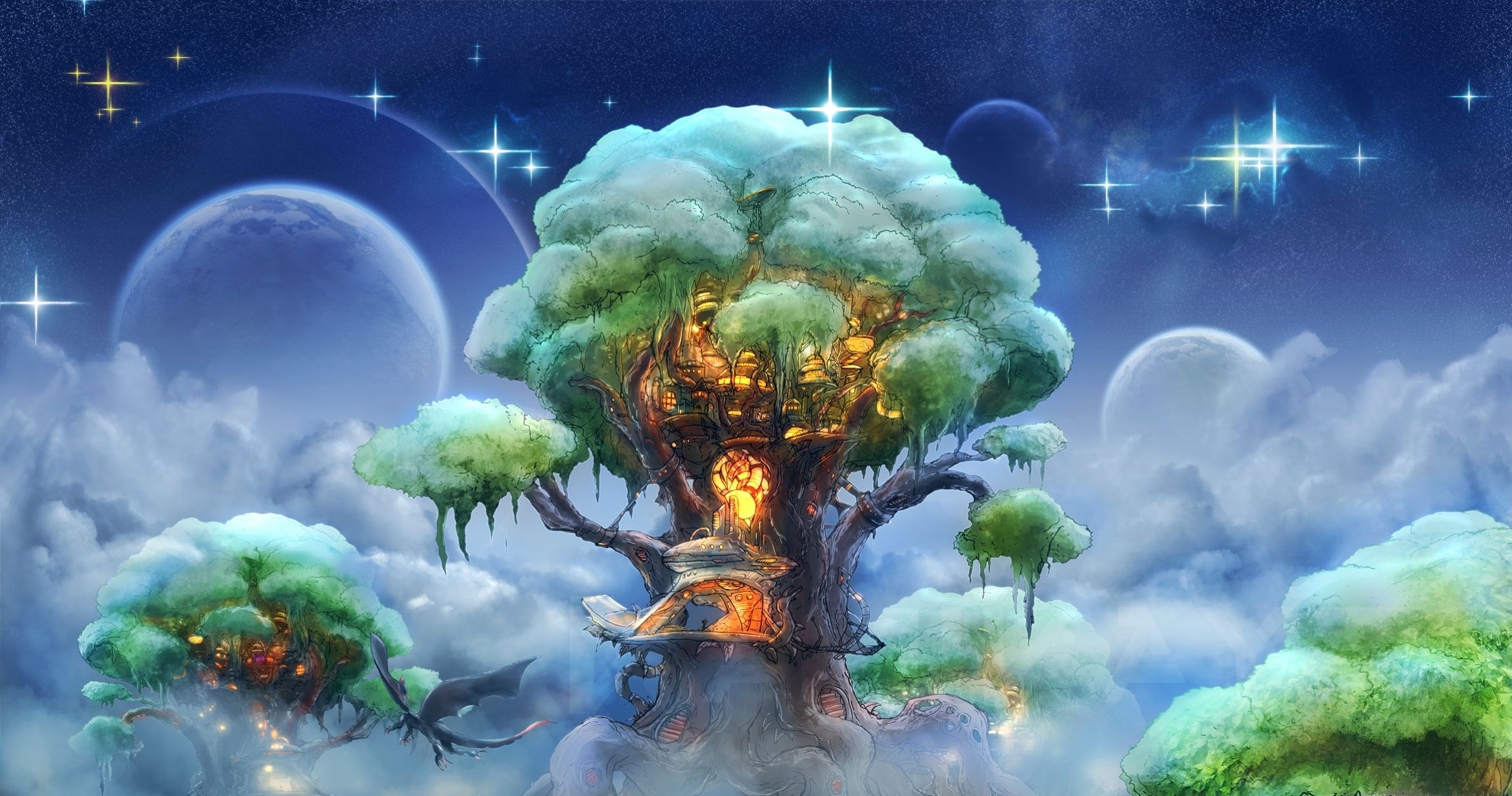 2300x1211 Desktop wallpaper: Fantasy, Art, Magic, Wood, Tree 4K free download for PC. 93934