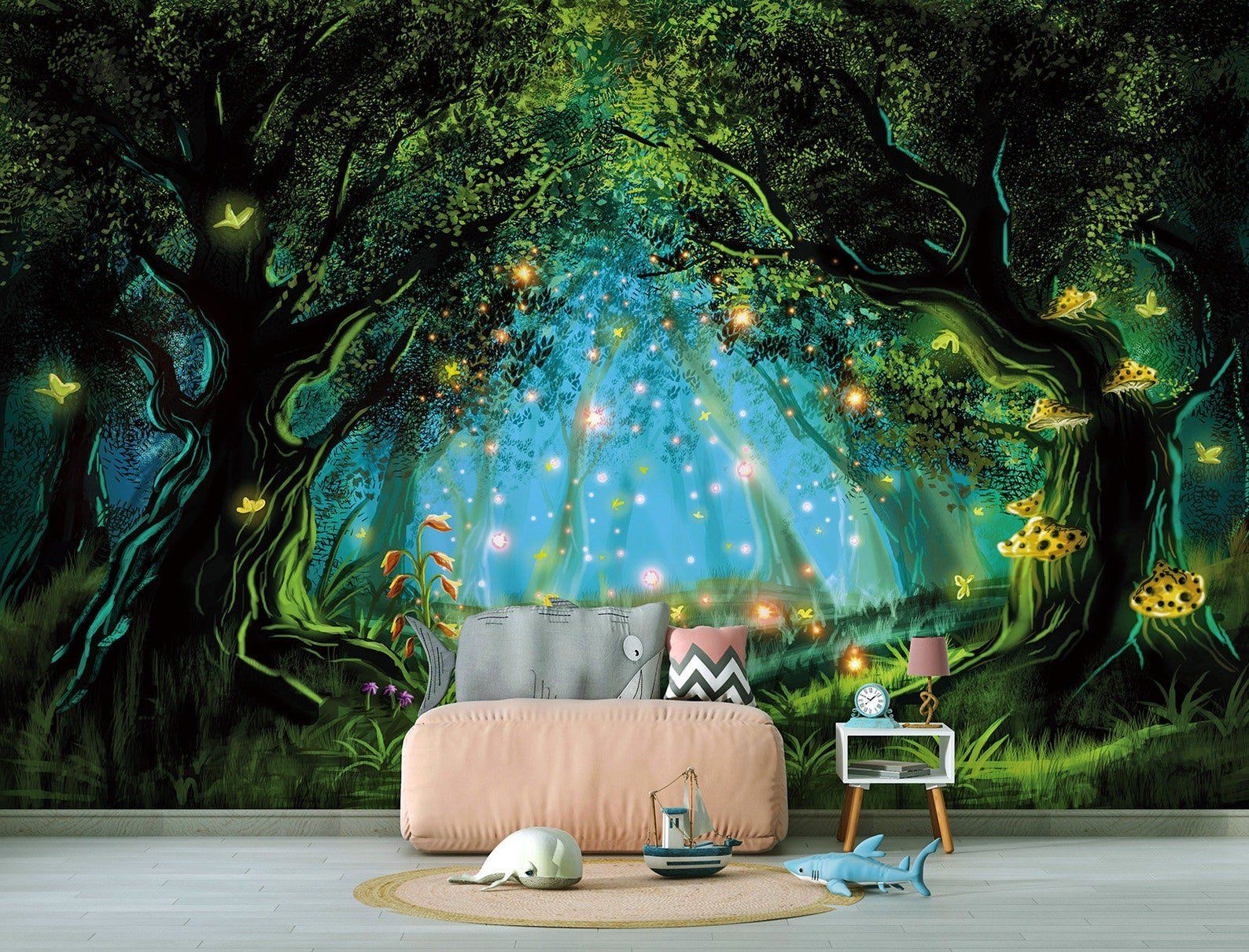 1588x1211 Magical Enchanted Forest. Glowing Lights & Mushrooms Wallpaper