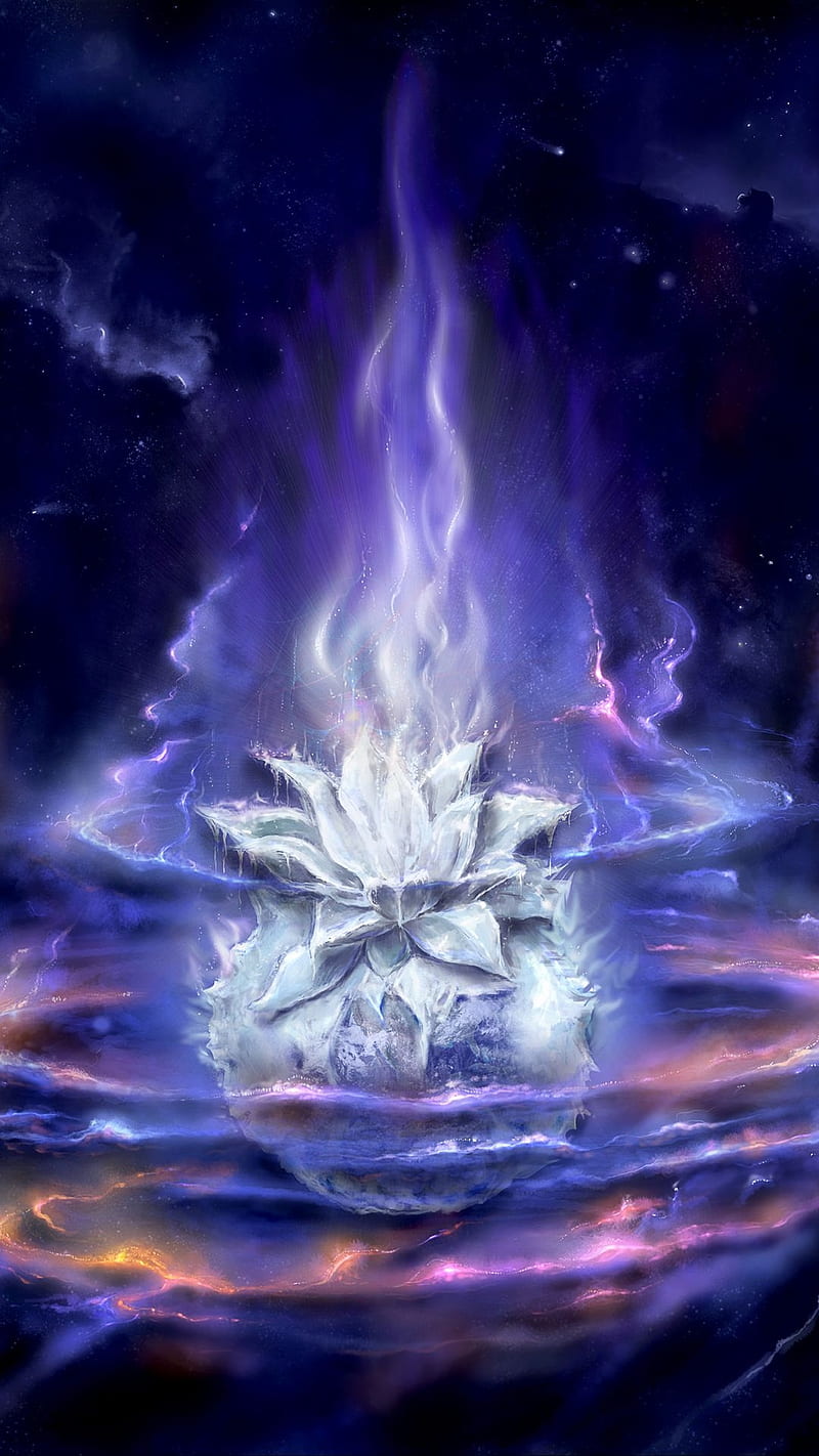 800x1422 Fantasy, flame, flower, magic, purple, water, HD phone wallpaper