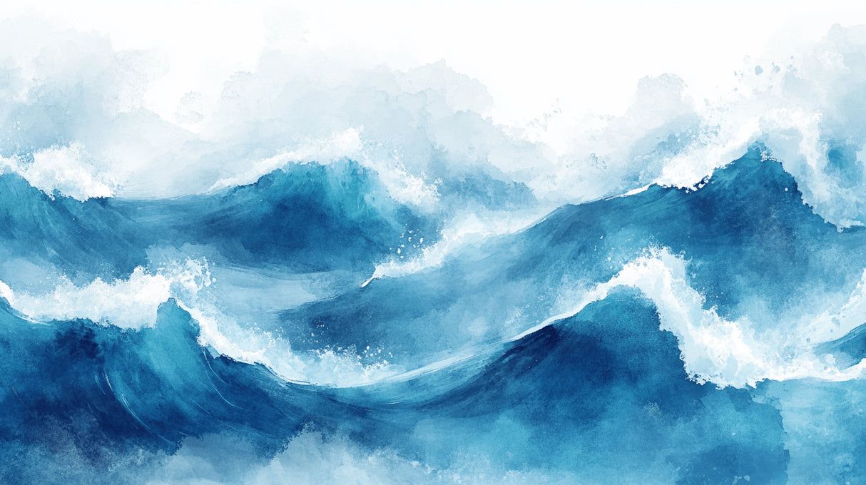 1214x680 Ocean Mural Wallpaper. Dynamic Blue Watercolor Waves