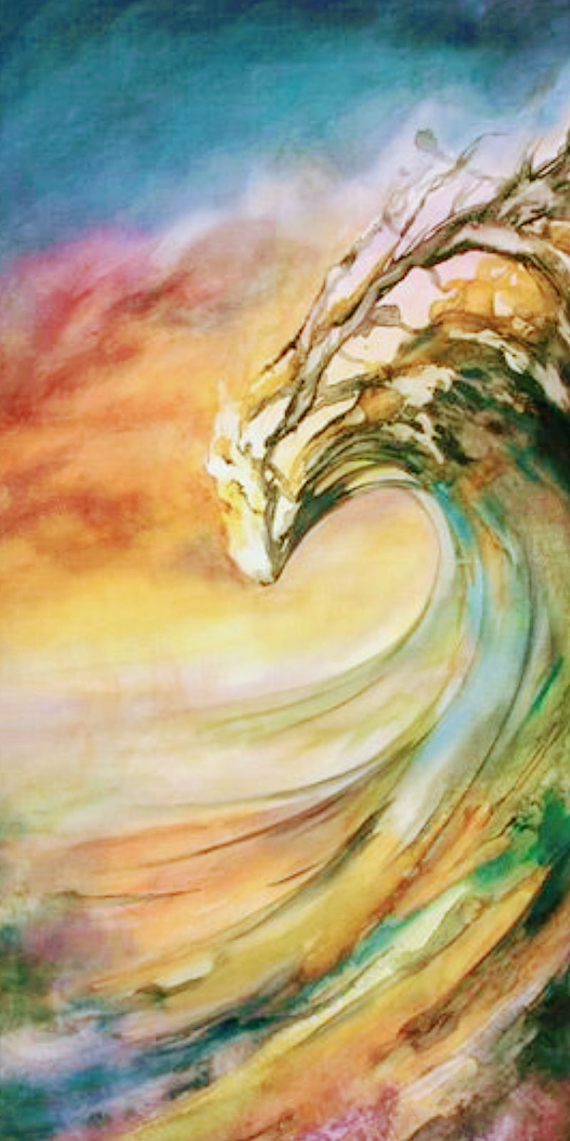 800x1601 Watercolor wave, aesthetic, bright, ocean, sunset, watercolor, wave, HD phone wallpaper