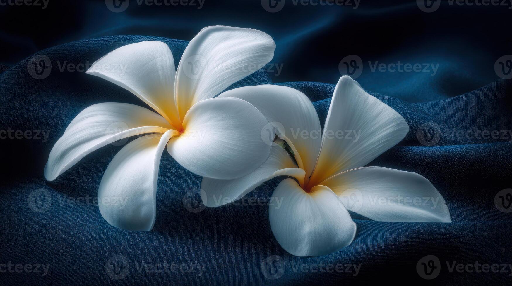 1749x980 Elegant white plumeria flowers on dark blue fabric background