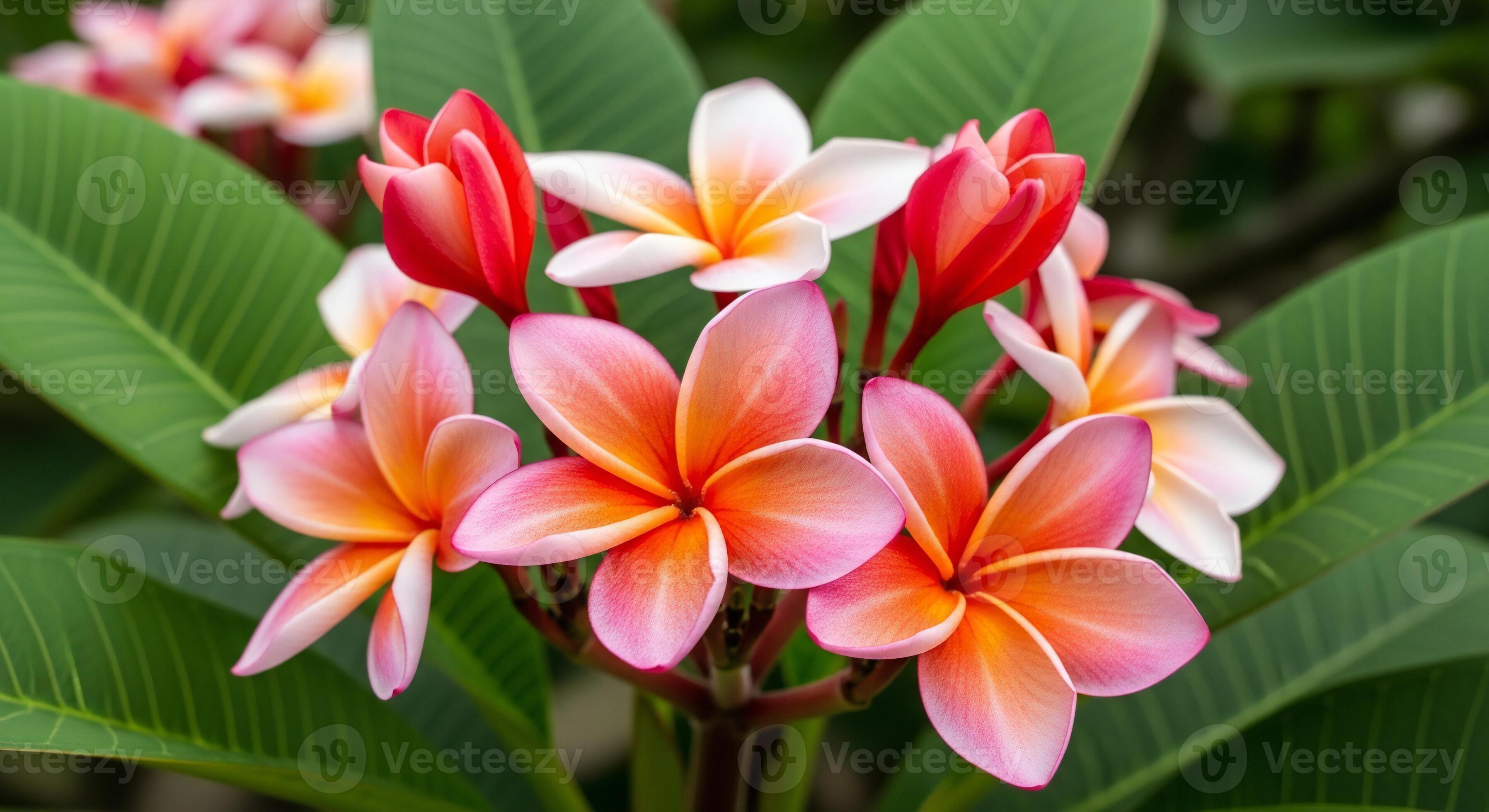 3593x1960 Flowers background, Flowers wallpaper, Vibrant pink and orange Plumeria flowers bloom amongst lush green leaves creating a tropical floral display