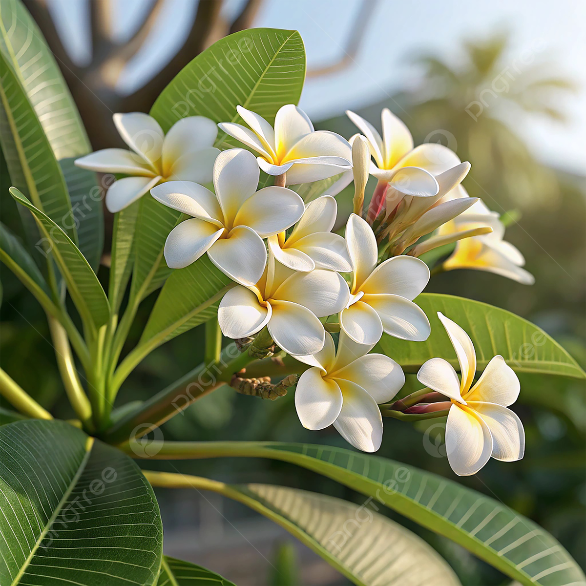 1200x1200 Tropical Elegance Blooming Plumeria Flowers In Sunlight, Plumeria Flower, Tropical Blossom, White Yellow Petals Background Image And Wallpaper for Free Download