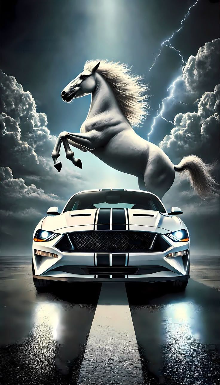 736x1288 Modern Ford Mustang in white with racing stripes and white horse art print poster
