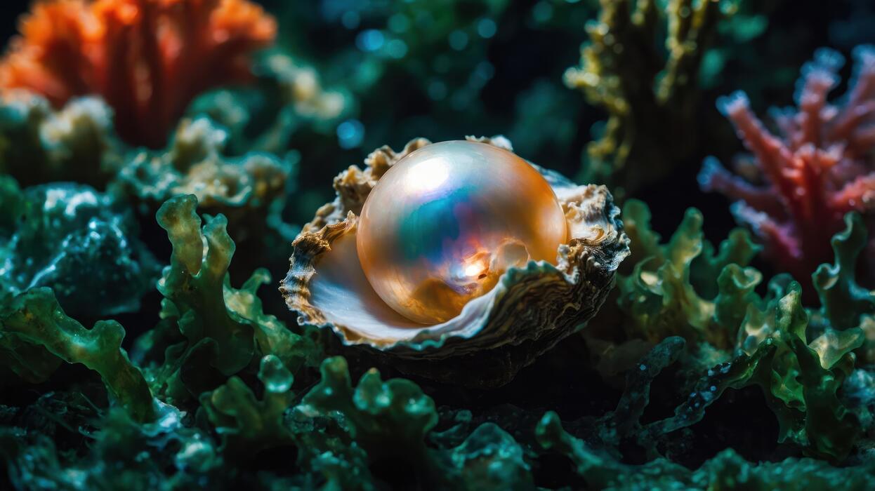 1246x700 A luminous pearl nestled in an oyster among colorful coral and seaweed