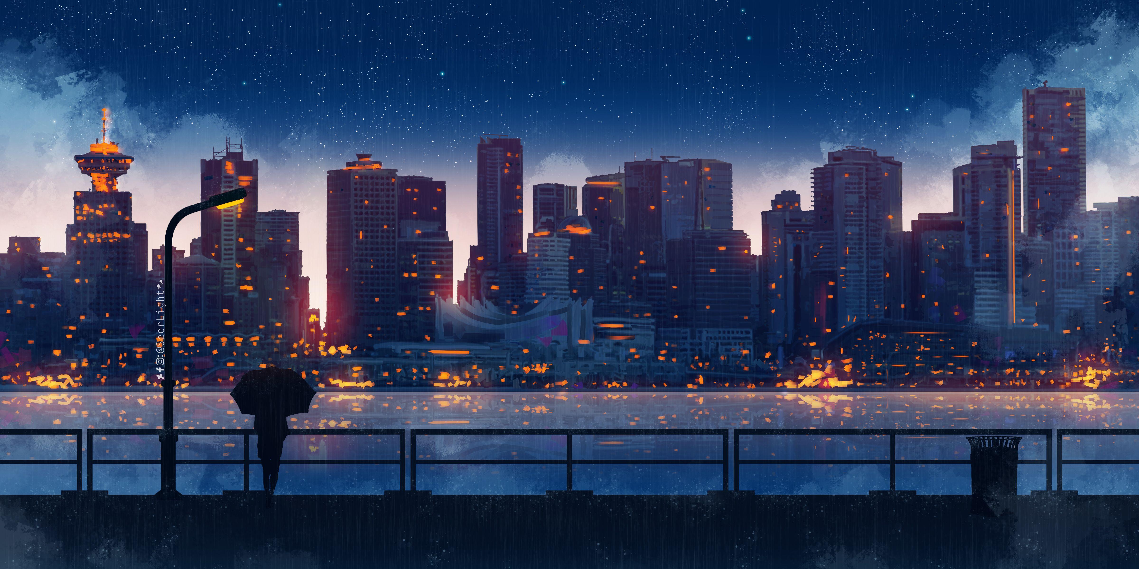 4800x2400 Anime City Lights Night Rain Umbrella Sky 5k 1440P Resolution HD 4k Wallpaper, Image, Background, Photo and Picture