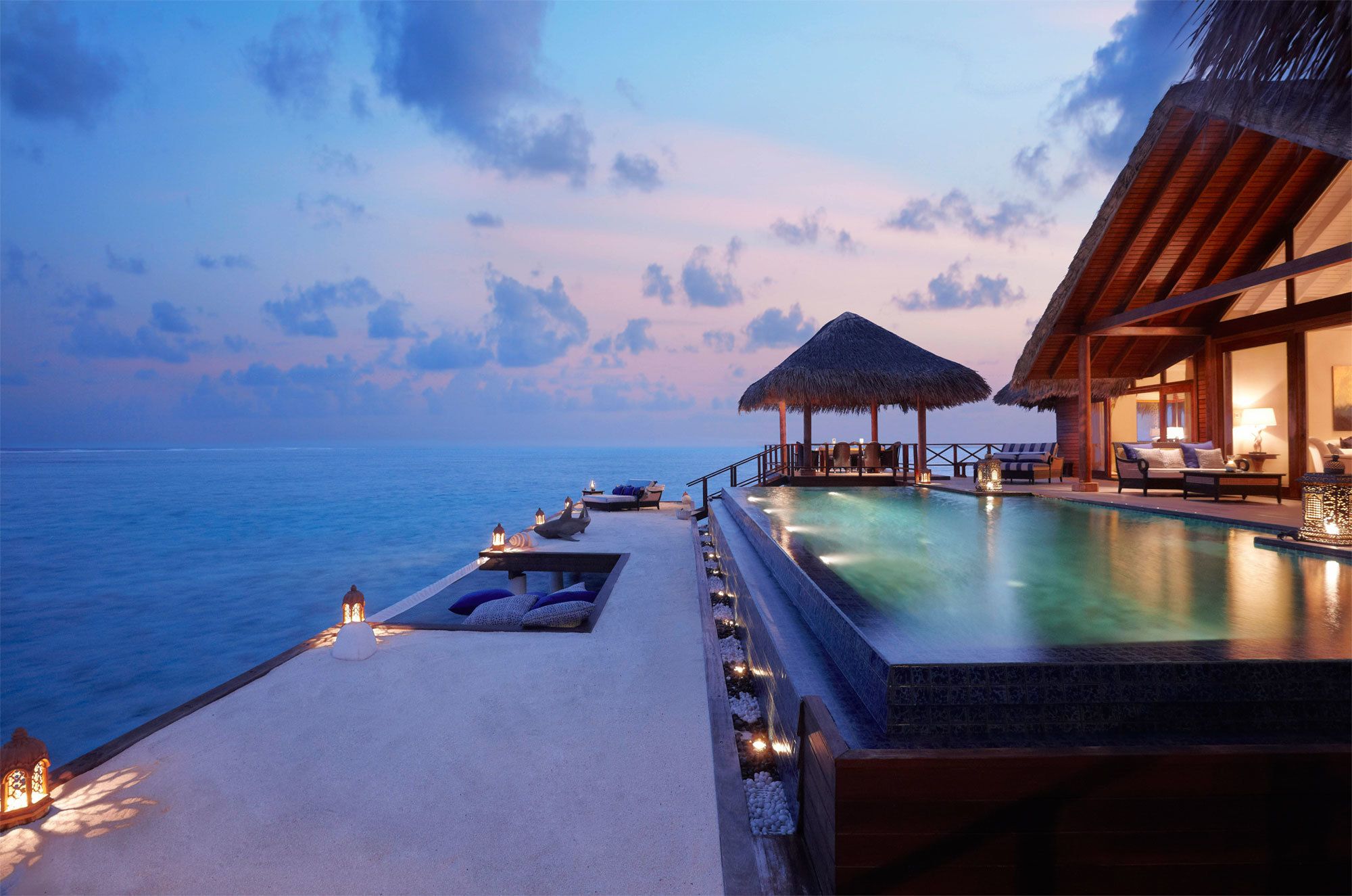 2000x1325 hotel, Malvivy, Pool, Interior, Ocean, Sea, Houses, Buildings, Sky, Sunset Wallpaper HD / Desktop and Mobile Background