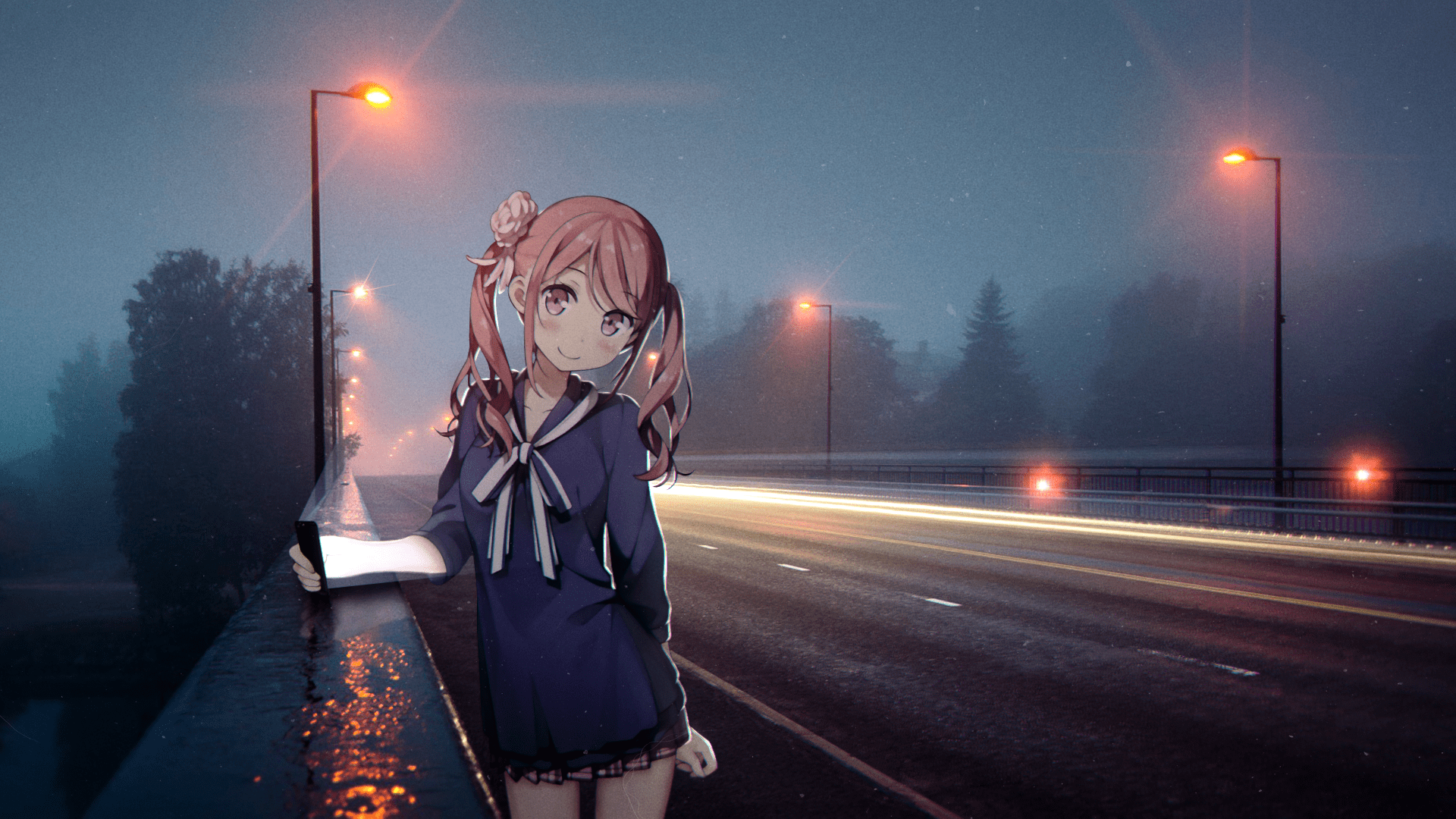 1920x1080 #road, #street light, #night, #anime girls, #Kantoku, #school uniform, wallpaper. Mocah.org HD Wallpaper