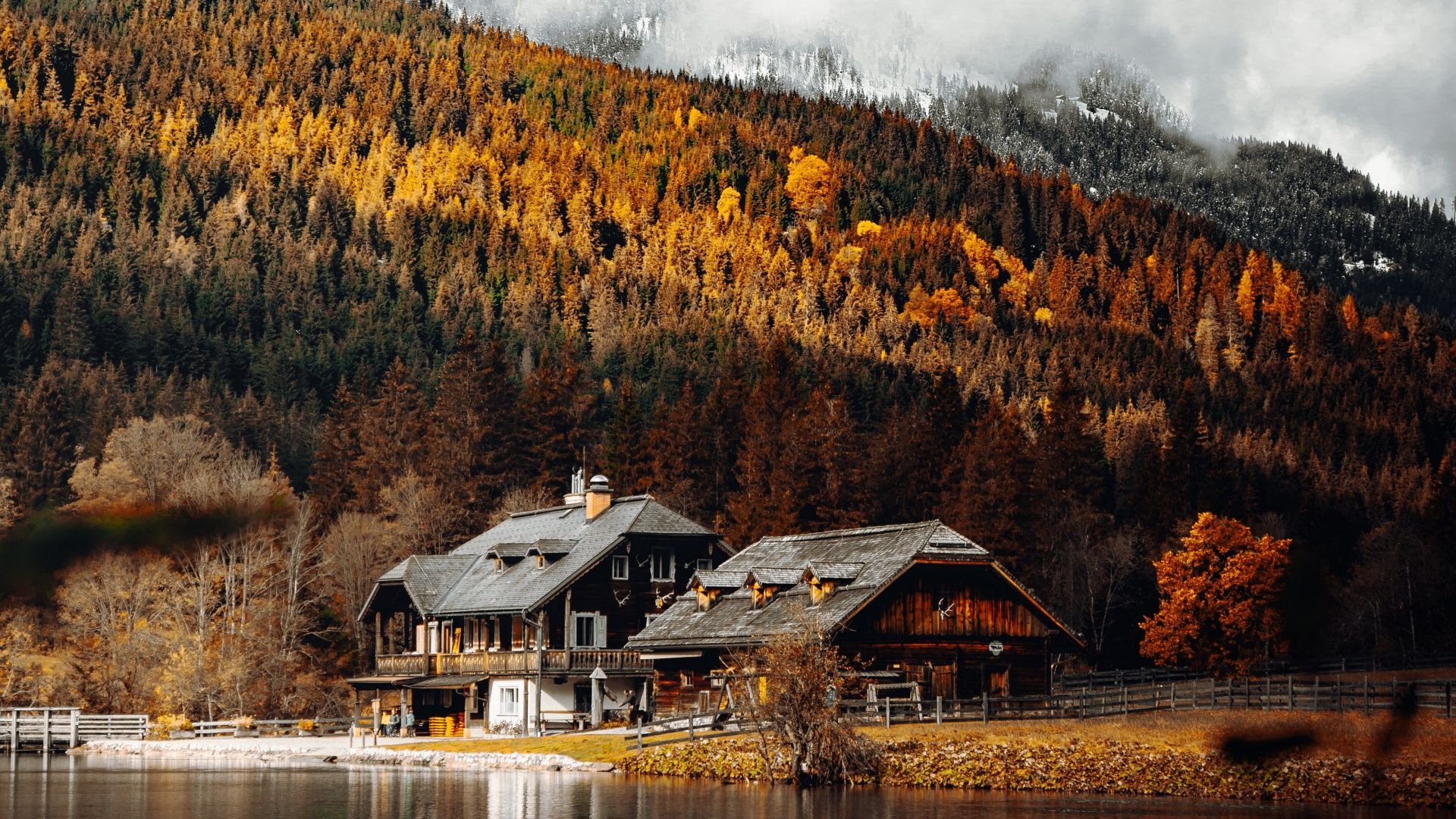 1920x1080 Wooden House Wallpaper 4K, Lakeside, Autumn trees