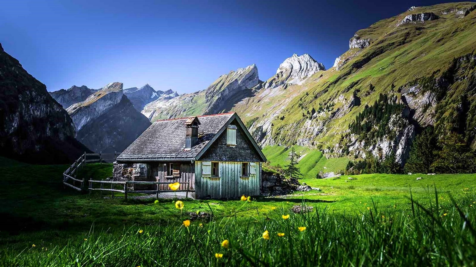 1600x900 Gray wooden house, nature, landscape, cabin, mountains HD wallpaper