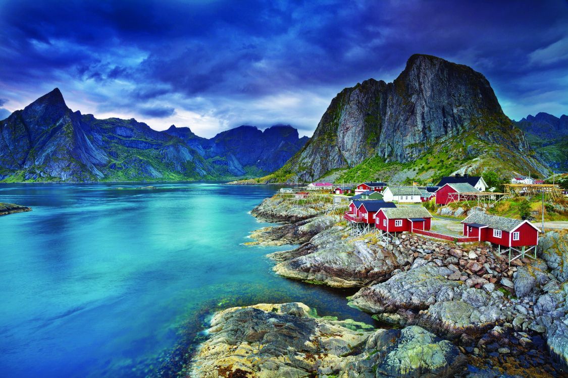 1125x750 Wallpaper Red and White House Near Body of Water and Mountain, Background Free Image
