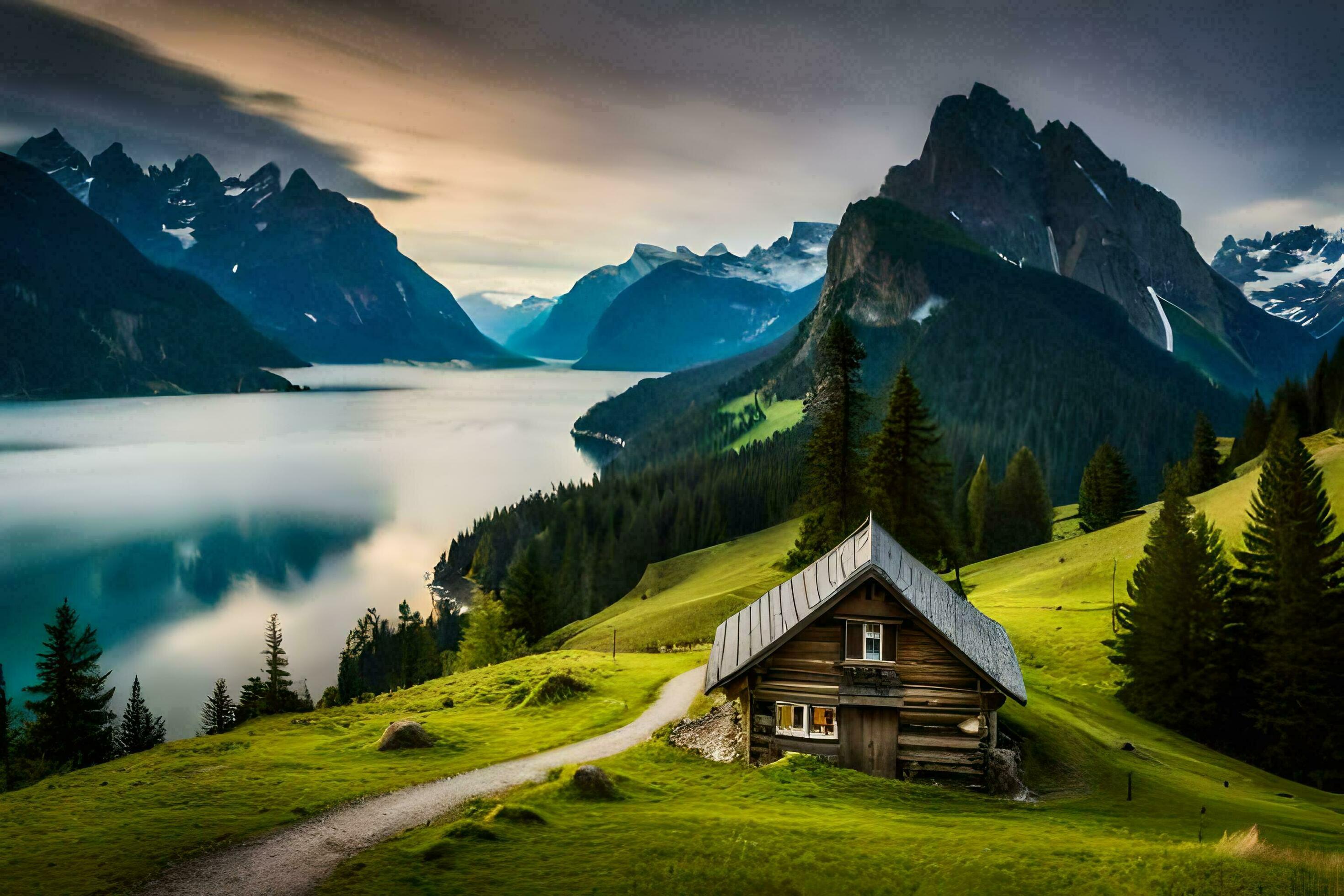 2940x1960 The House On The Lake, Lake, Mountains, Nature, Landscape, HD Wallpaper. AI Generated