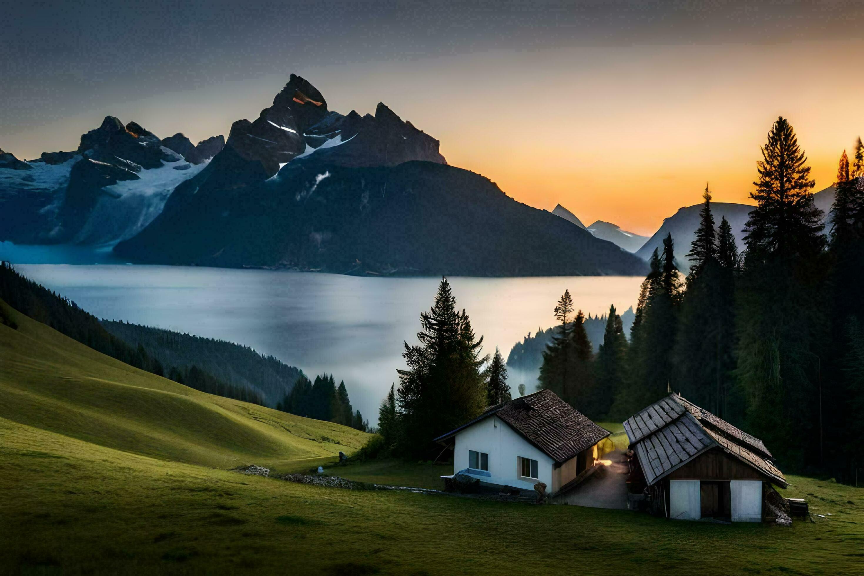 2940x1960 The House In The Mountains, Lake, Mountains, Sunset, Nature, HD Wallpaper. AI Generated