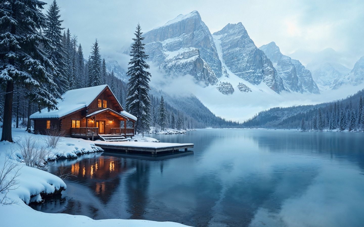 1440x900 House by the Mountain Lake, Winter 4K UHD Wallpaper for UltraHD Desktop and TV : Widescreen and UltraWide Display : Dual and Triple Monitor : Smartphone and Tablet Devices