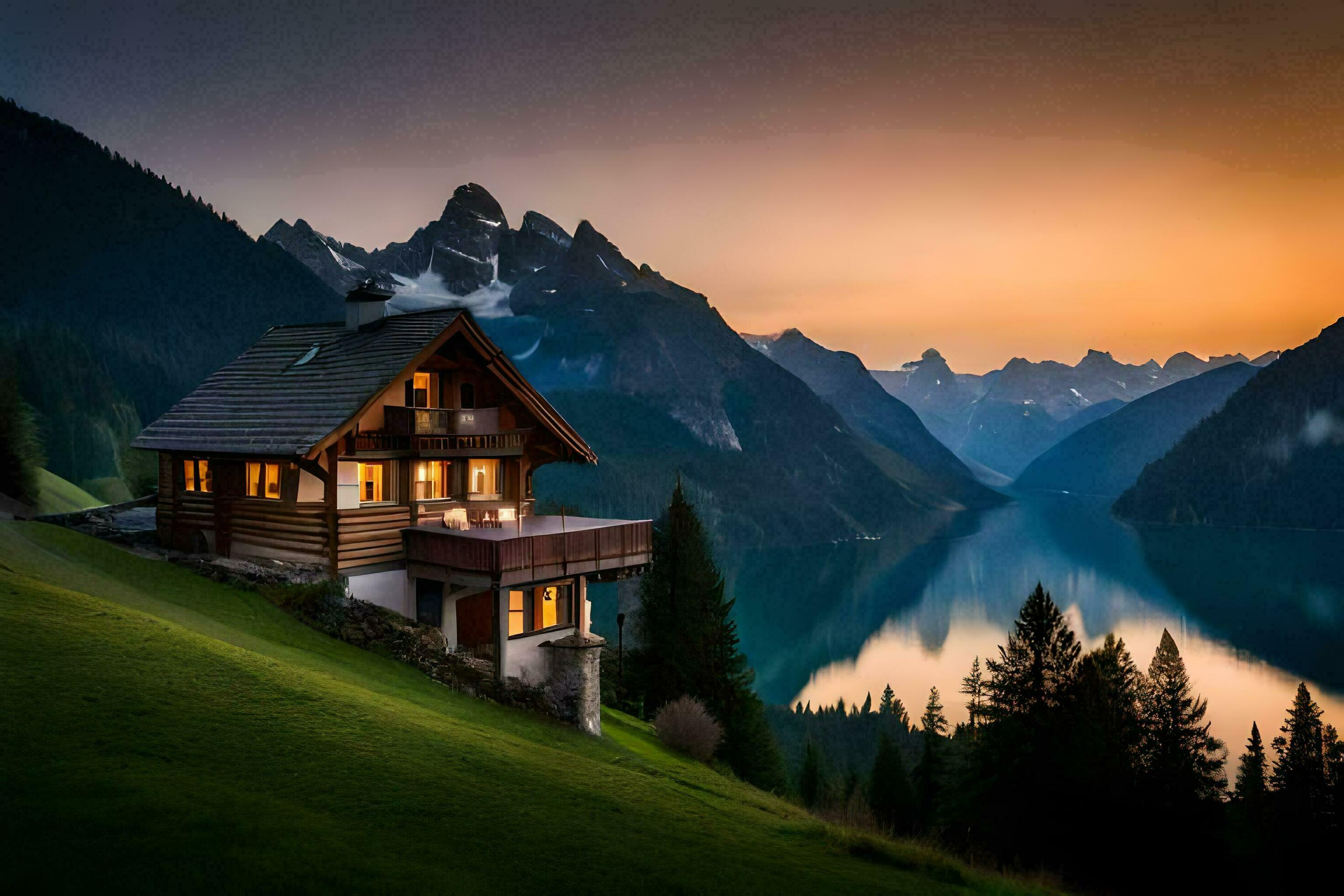 2940x1960 The House On The Lake, Lake, Mountains, Sunset, House, HD Wallpaper. AI Generated
