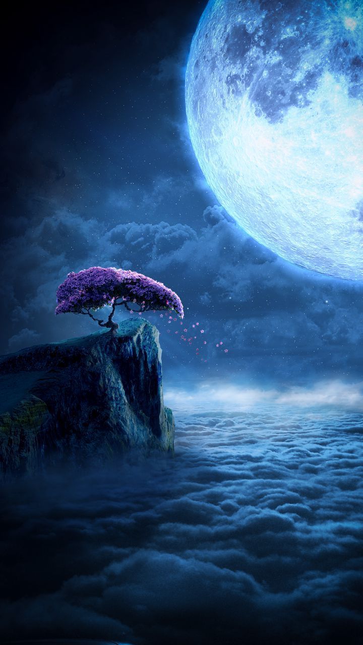 720x1280 Free HD wallpaper sakura, cliff, clouds, moon, night, illusion, background HD for pc, mobile phone