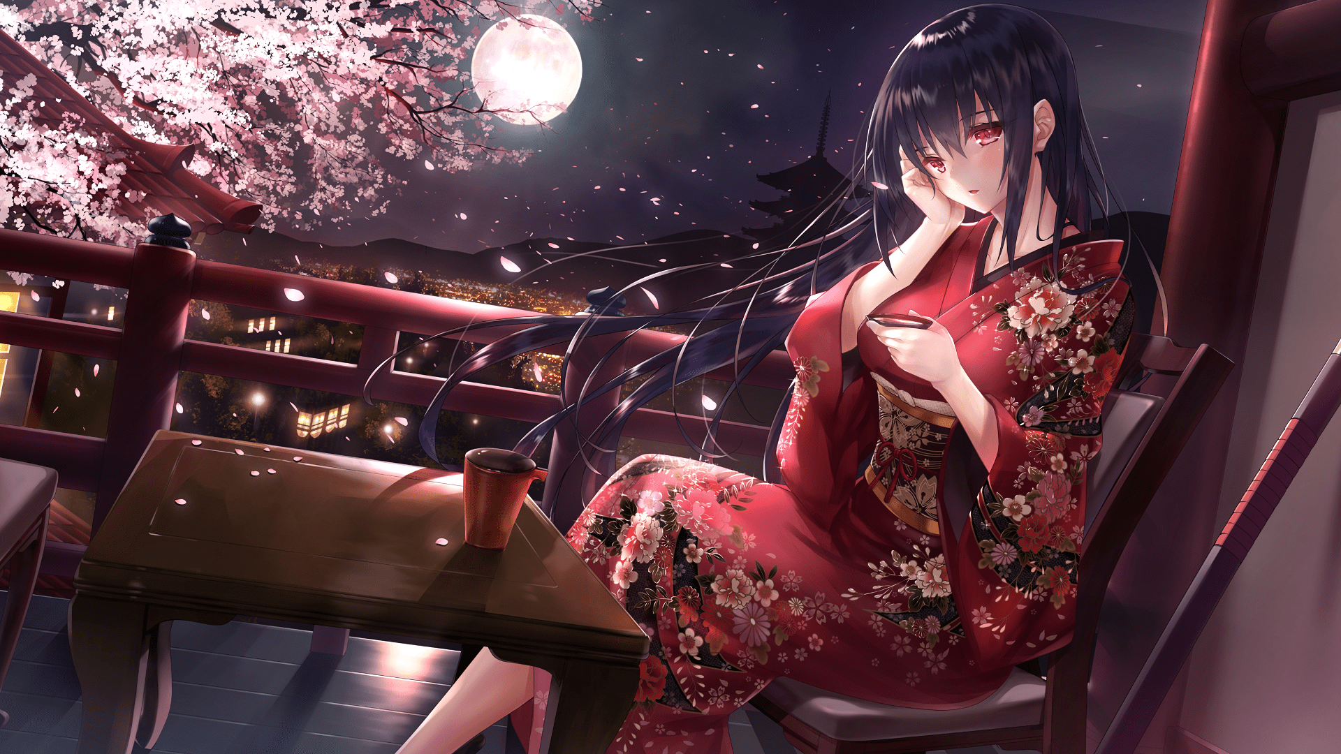 1920x1080 Spring Sakura Night Girl HD Wallpaper