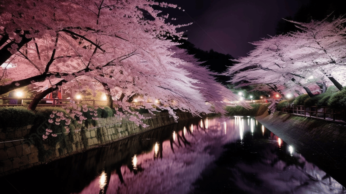 1200x673 River Is Lined With Sakura Trees At Night, Cherry Blossom, HD Photography Photo, Water Background Image And Wallpaper for Free Download