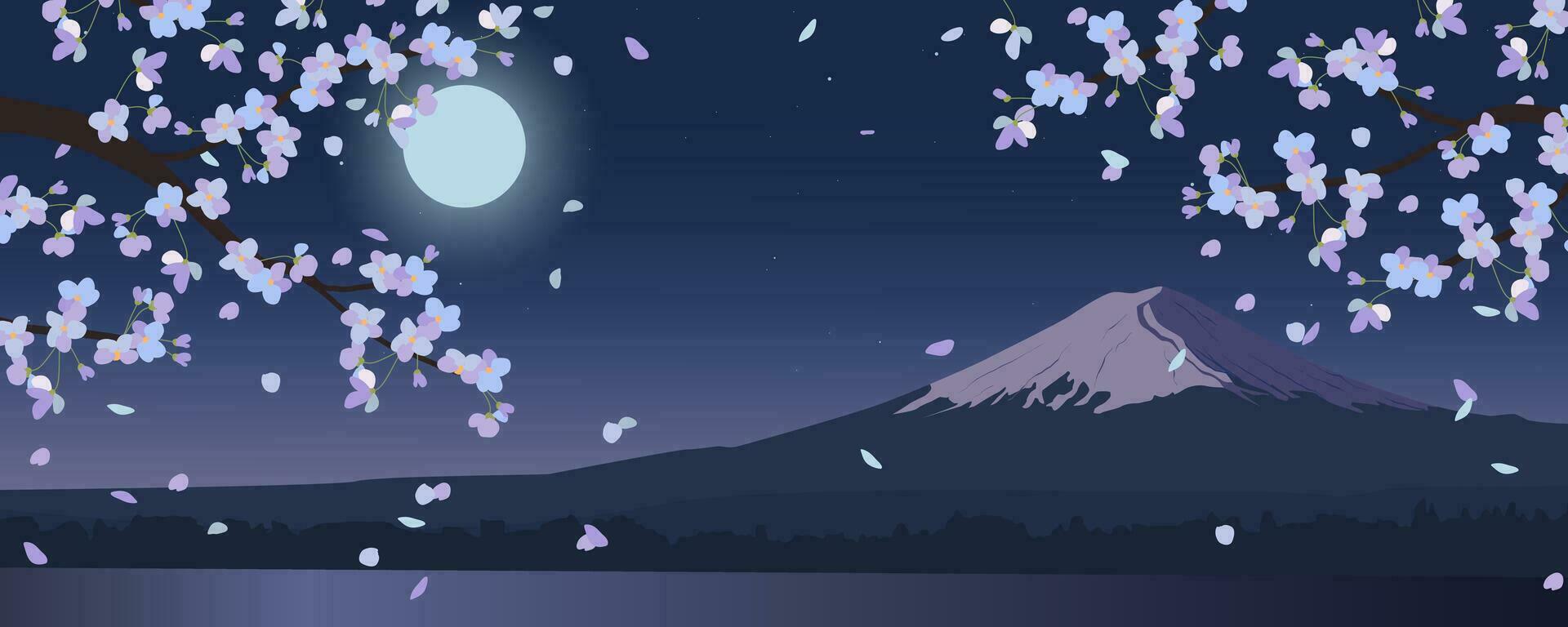 1920x768 The moon rising over Mount Fuji, hanging branches of Japanese sakura. Spring night. Horizontal view, hanami time. Design for travel banners, travel, invitations. A landscape with a starry sky. 29748644 Vector Art