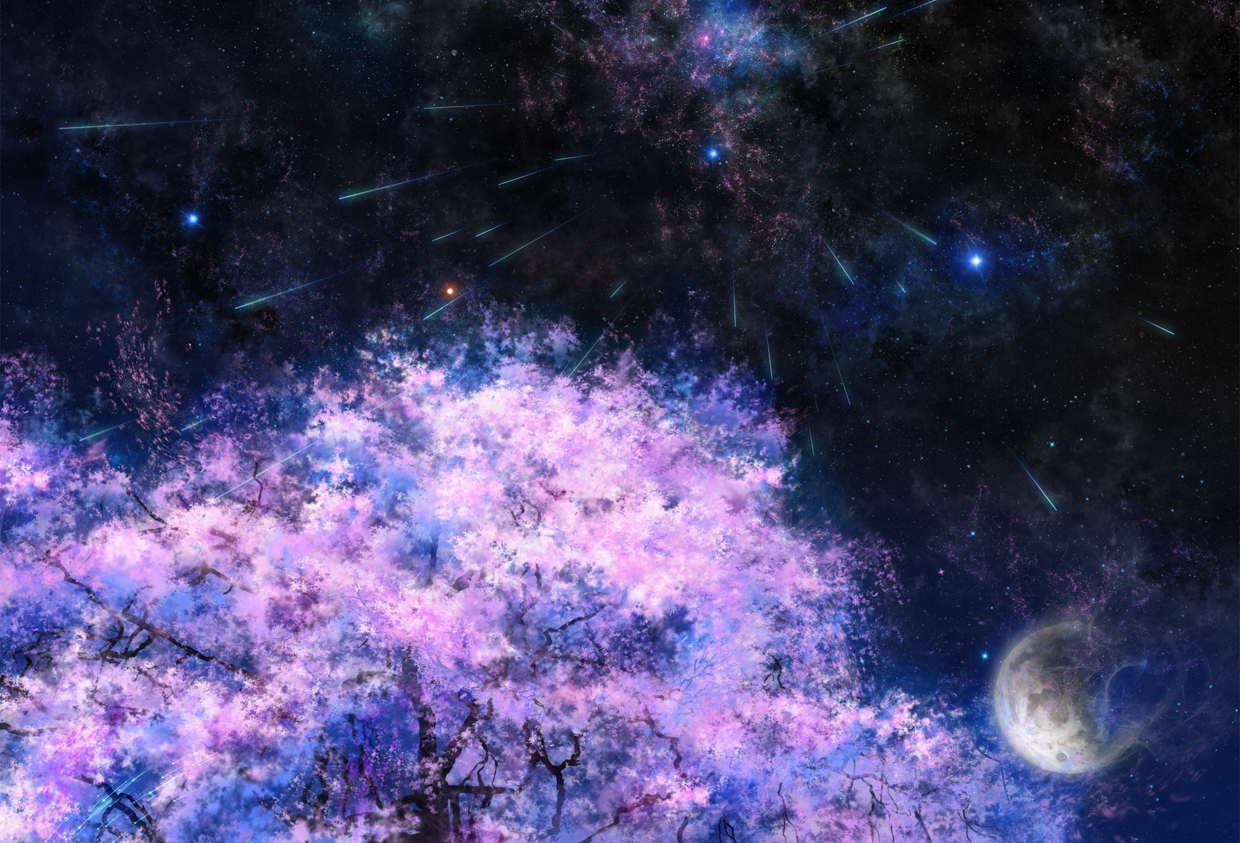 2500x1701 Wallpaper space, stars, trees, night, the moon, Sakura, art, tsujiki for mobile and desktop, section космос, resolution 2500x1701