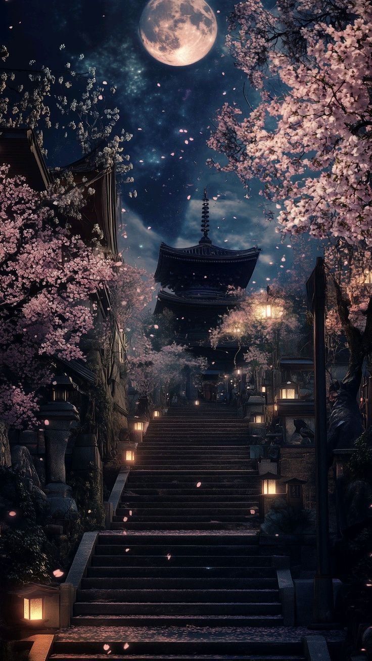 736x1308 Sakura and moon wallpaper. Night cherry blossom scenery, Cherry blossoms at night wallpaper, Japan nature