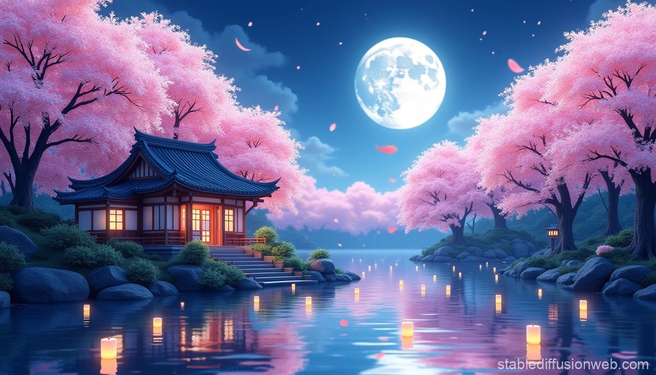 1344x768 Japan Sakura Landscape at Night. Stable Diffusion Online