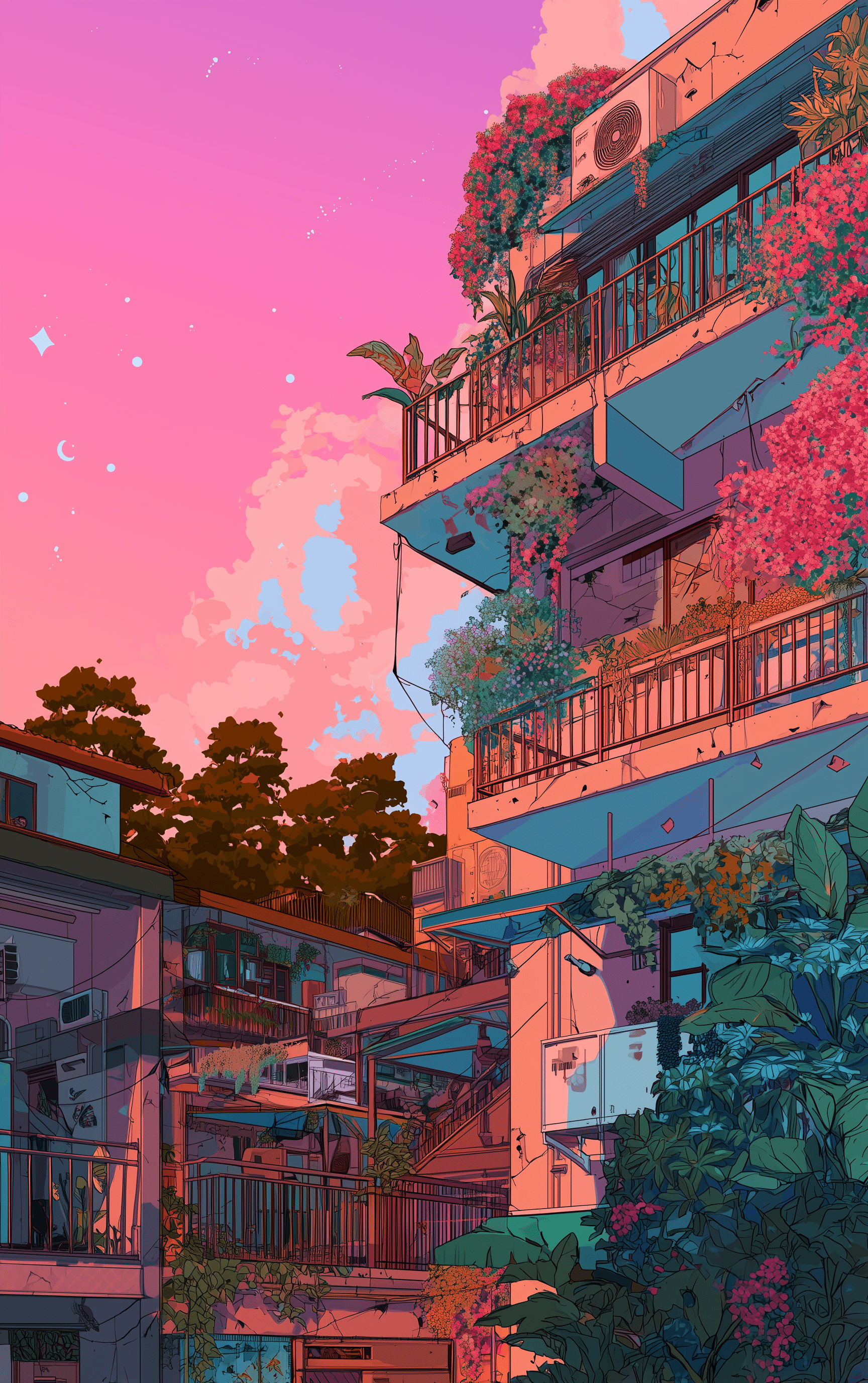 1728x2752 Aesthetic Anime Balcony Nature Phone Wallpaper: Serene Sunset View