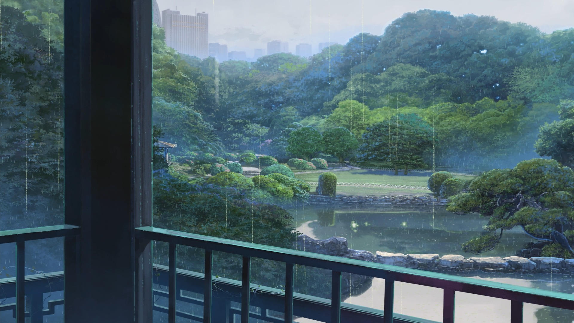 1920x1080 Wallpaper drops, trees, lake, Park, rain, building, anime, rain for mobile and desktop, section прочее, resolution 1920x1080