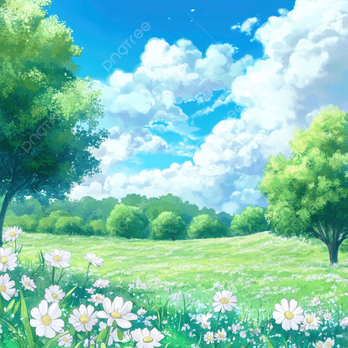 1200x1200 A Beautiful Anime Background Of An Open Field With Trees And White Flowers Blue Sky Green Grass, Field, Trees, White Background Image And Wallpaper for Free Download