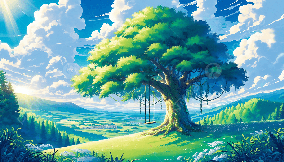 1200x686 Serene Anime Landscape Treetop Swing Valley View, Anime Landscape, Anime Scenery, Anime Art Background Image And Wallpaper for Free Download