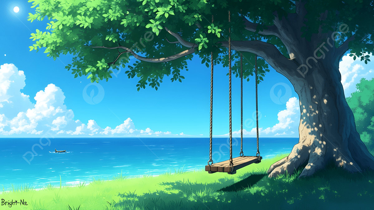 1200x675 Idyllic Anime Style Seaside With Tranquil Ocean View, Serene Coastline, Vibrant Tree, Wooden Swing Background Image And Wallpaper for Free Download