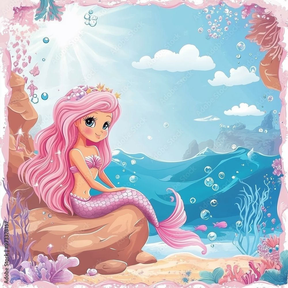 1000x1000 Birthday invitation template featuring a cute mermaid sitting on a rock in an underwater fantasy scene Stock Illustration